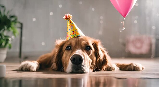 Happy dog in a birthday hat.