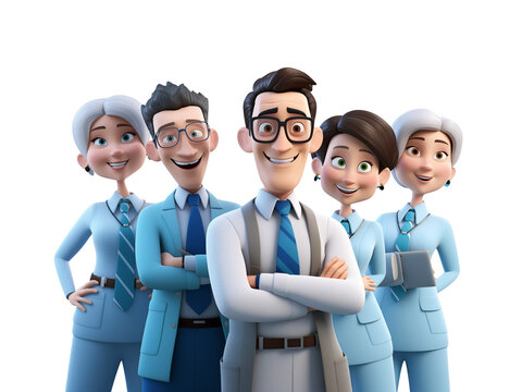 Smiling group of different doctors characters isolated. Medicine workers collective, medical team. Ai generative cartoon characters on transparent png background