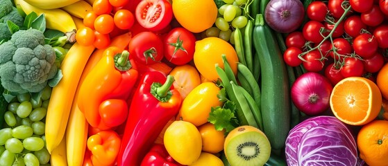 A vibrant display of fresh, colorful fruits and vegetables.