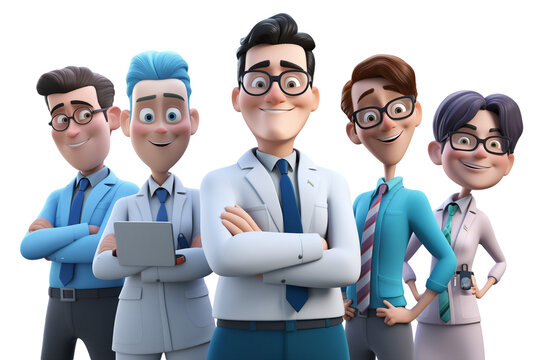 Smiling group of different doctors characters isolated. Medicine workers collective, medical team. Ai generative cartoon characters on transparent png background