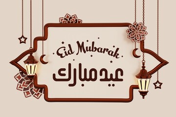 Happy Eid Mubarik, Eid Mubarik calligraphy text Urdu and English in dark brown colour, Background in lite Brown colour.
