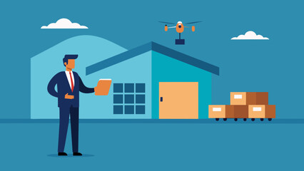 Fototapeta premium A suited businessman stands in front of a large warehouse using a remote control to maneuver a drone through the facility. This innovative
