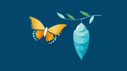 Deurstickers An illustration showing a butterfly emerging from a co representing the transformative journey from conventional business practices to © Justlight