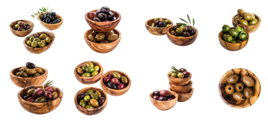 Assorted Mediterranean olives in wooden bowls isolated, cut out transparent