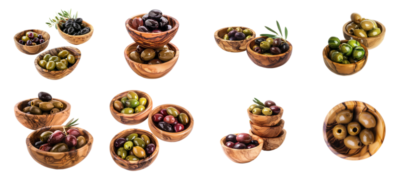 Assorted Mediterranean olives in wooden bowls isolated, cut out transparent - Powered by Adobe