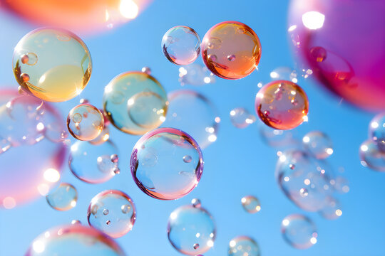 Play of Light and Colors: A Spectrum of Colorful Bubbles Floating Against the Azure Sky