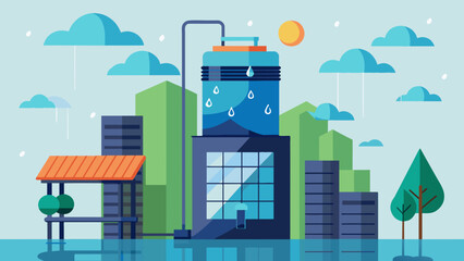 An artistic photo featuring a corporate highrise building with a large rainwater collection system on its roof showcasing the companys