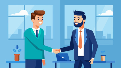 Fototapeta na wymiar A confident businessman confidently seals a partnership with his foreign colleague as they shake hands in a modern and sleek office setting.