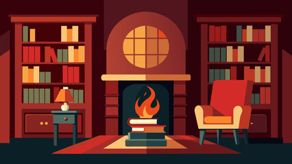 A cozy and intimate library lined with rich mahogany bookshelves and a roaring fireplace offering the perfect spot for quiet contemplation in - obrazy, fototapety, plakaty