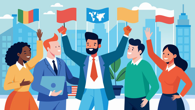 In a modern office space with international flags displayed on the walls a multicultural team of businessmen and women high five each other and