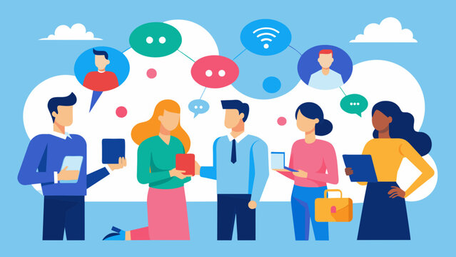 At a networking event professionals are exchanging tips and ideas for successful social media branding and effective ways to connect with