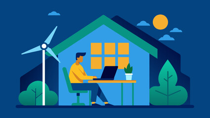 An employee works remotely from a cozy energyefficient home office powered by renewable energy sources and reducing the need for traditional