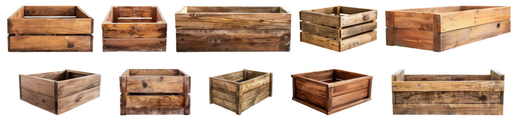 Assorted rustic wooden crates on isolated, cut out transparent