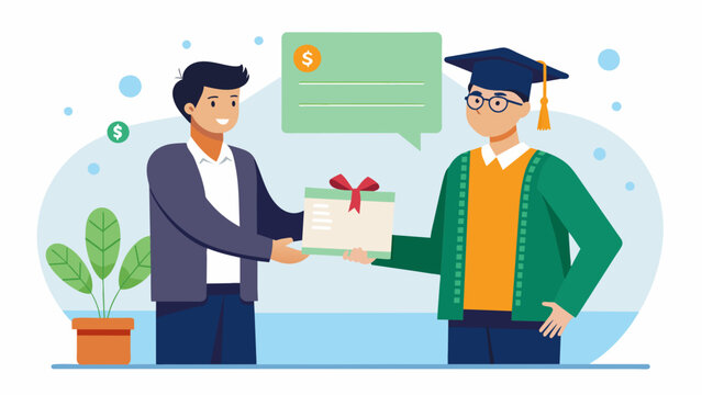 A business owner proudly presents a scholarship check to a graduating student highlighting the companys commitment to investing in the future