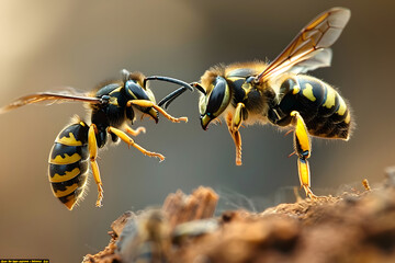 a phot of a wasp attacking a bee - obrazy, fototapety, plakaty
