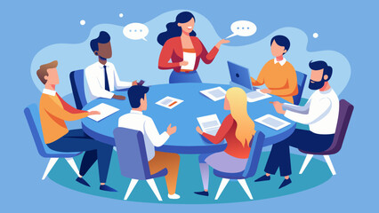 As a project manager speaks his team members sit attentively around a large round table taking notes and voicing their ideas and concerns as