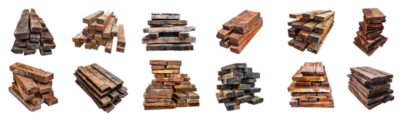Stacked piles of assorted aged railway sleepers, cut out transparent