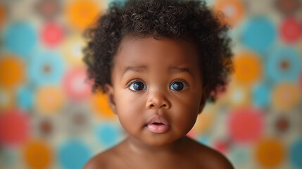 Sweet surprised black baby with curly hair on colourful background. Happy childhood concept. Selective focus. Copy space.  - obrazy, fototapety, plakaty