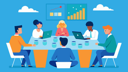 A team of professionals strategizes around a conference table armed with data and insights to anticipate future trends and proactively adjust - obrazy, fototapety, plakaty