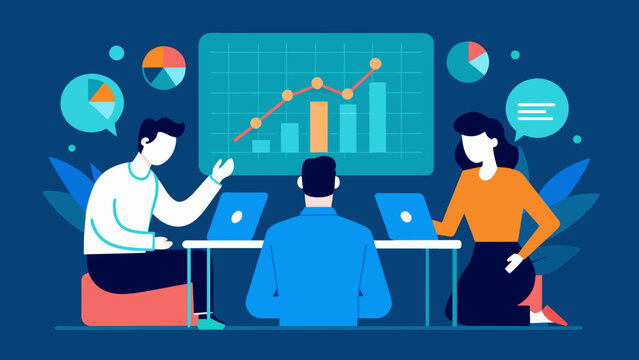 A trio of entrepreneurs surrounded by holographic projections of financial charts and data strategizing and forecasting the potential growth of