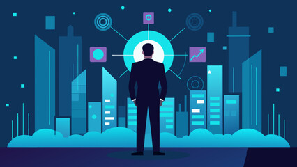 A silhouette of a businessman stands in front of a futuristic city skyline surrounded by holographic projections of data and statistics