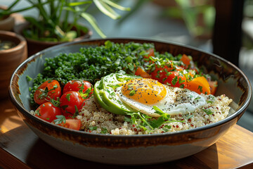 Savory Quinoa Breakfast Bowl with Poached Egg and Avocado Slices