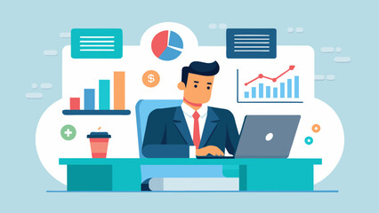 A businessman sitting at his desk in a sleek modern office poring over financial statements and charts as he conducts a thorough cash flow