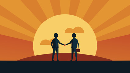 Two silhouetted figures shake hands against a backdrop of a bright and optimistic sunrise symbolizing the fruitful partnerships and