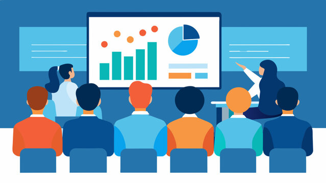 A conference room full of employees viewing a presentation on their companys latest data visualization tool to track ROI and make datadriven