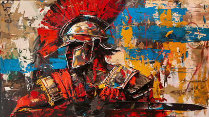 painting of a Roman centurion leading his legionaries into the heart of battle, his polished armor reflecting the flames of war	 - obrazy, fototapety, plakaty