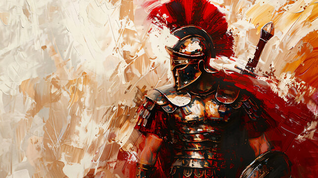 painting of a Roman centurion leading his legionaries into the heart of battle, his polished armor reflecting the flames of war	