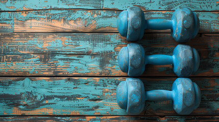 Blue dumbbells on wooden
