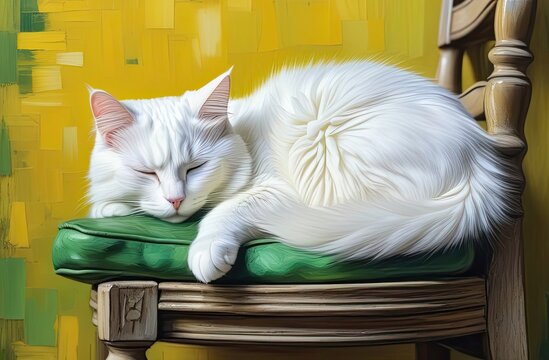 A sleeping white cat on an old vintage chair.