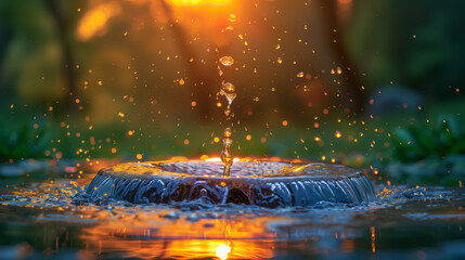 Fountain in water with sunset in
