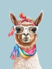 Fototapeta premium A llama is stylishly dressed in sunglasses and a bandana, making a fashionable statement with its unique accessories