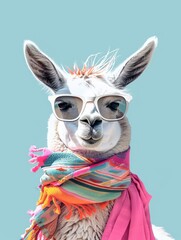 Fototapeta premium A llama wearing sunglasses and a scarf standing in a field