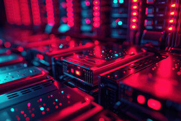 Gros plan sur un data center avec des rangées de serveurs informatiques puissants éclairés par des lumières colorées, symbolisant la puissance de la technologie. - obrazy, fototapety, plakaty