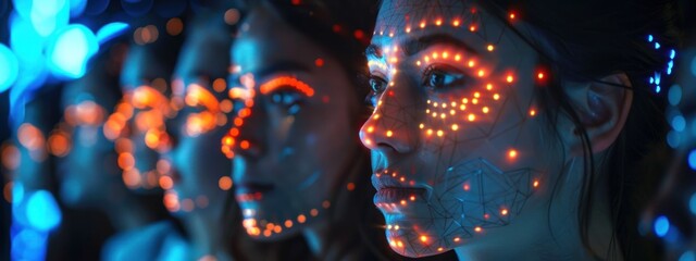Visages humains numériques avec des données et des codes numériques lumineux sur la peau, en double exposition. Image conceptuelle symbolisant la technologie moderne et l'intelligence artificielle. - obrazy, fototapety, plakaty