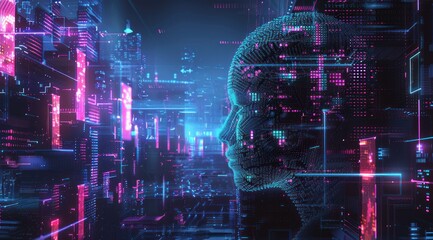 Silhouette d'une tête d'Intelligence Artificielle holographique, illustration numérique colorée sur fond de circuits technologiques futuristes. - obrazy, fototapety, plakaty