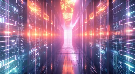 Fototapeta premium Salle de serveurs informatique, centre de données, data center dans un style d'imagerie futuriste lumineux, image avec espace pour texte.