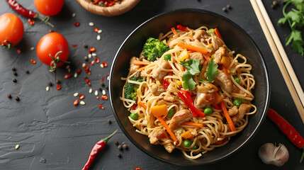 Asian food fried rice noodles with pork and vegetables - obrazy, fototapety, plakaty