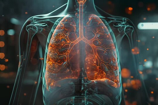 Lung X-ray showing smog damage, clinical setting, stark, detailed imagery