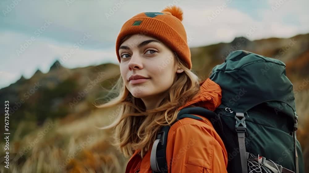 Wall mural gen-z young female caucasian blond wearing a jacket, beanie and backpack out for a hike on a winter 