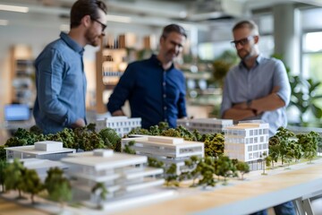 A team of real estate developers discussing a modern business park project with a scale model in an office. Concept Real Estate Development, Business Park Project, Scale Model, Team Discussion