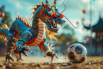 Dragon Figurine Kicking Soccer Ball