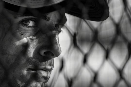 A focused baseball player seen up close behind a chain-link fence, staring intently at the game unfolding beyond.