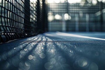 A close up of a tennis racket in motion on a vibrant court, capturing the excitement and skill of the game.