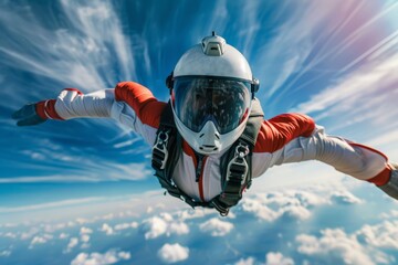 A man in a skydiver suit is gliding through the air with a wingsuit, capturing a sense of freedom and exhilaration in his descent.