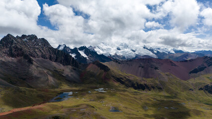Aerial Drone view of Vinicunca Winikunka Monta&ntilde;a de Siete Colores Rainbow Mountain Andes Mountains Peru