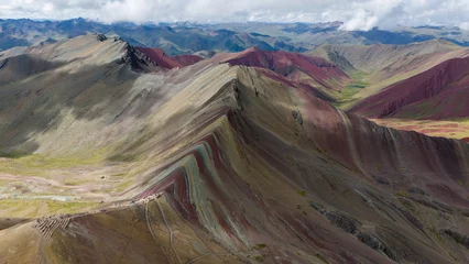 Rolgordijnen zonder boren Vinicunca Aerial Drone view of Vinicunca Winikunka Montaña de Siete Colores Rainbow Mountain Andes Mountains Peru